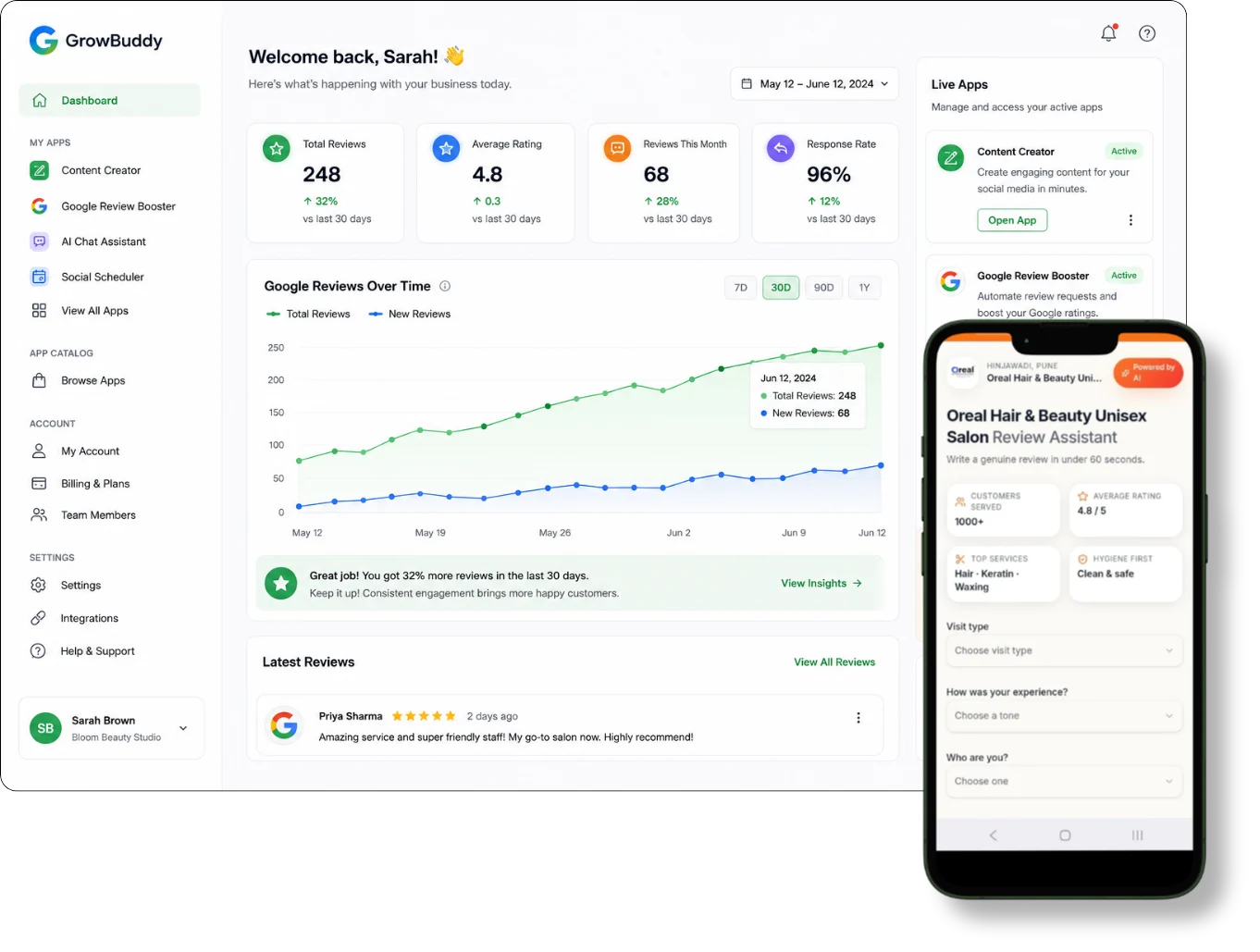 GrowBuddy dashboard showing review growth over time, next to the customer-facing review form on a phone